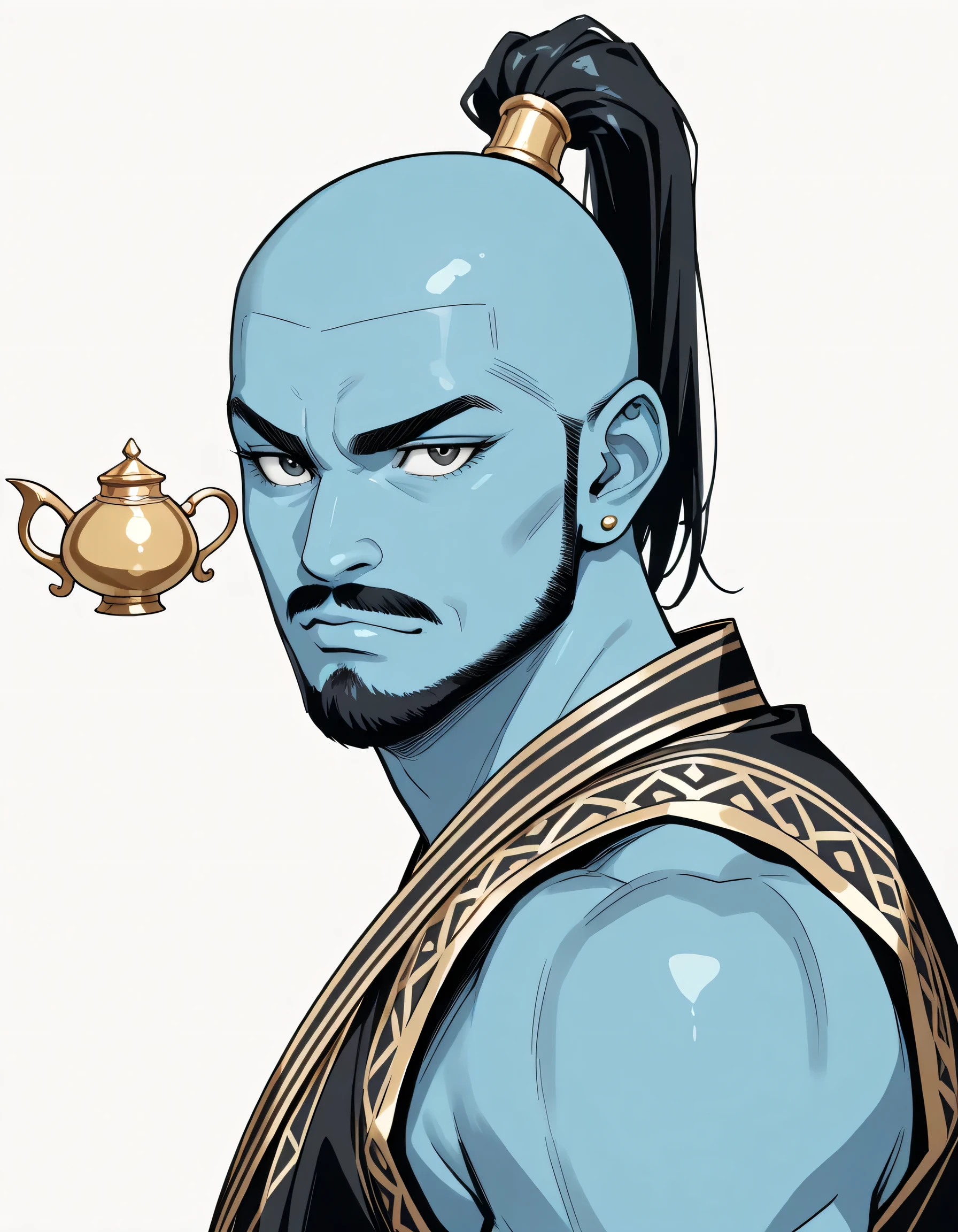 sideview,solo,man,Bald,(black high ponytail),Man, handsome face,man's eyes, Piercings, Arabian fashion, stylish genie,man's nose,flat eyes, thick eyebrows,(small mustache,beard), genie of the lamp, blue skin,muscular, vest, bare skin,(lineart),sketch,slam dunk style,mono,(looking at viewer:1.3),white background,manga style