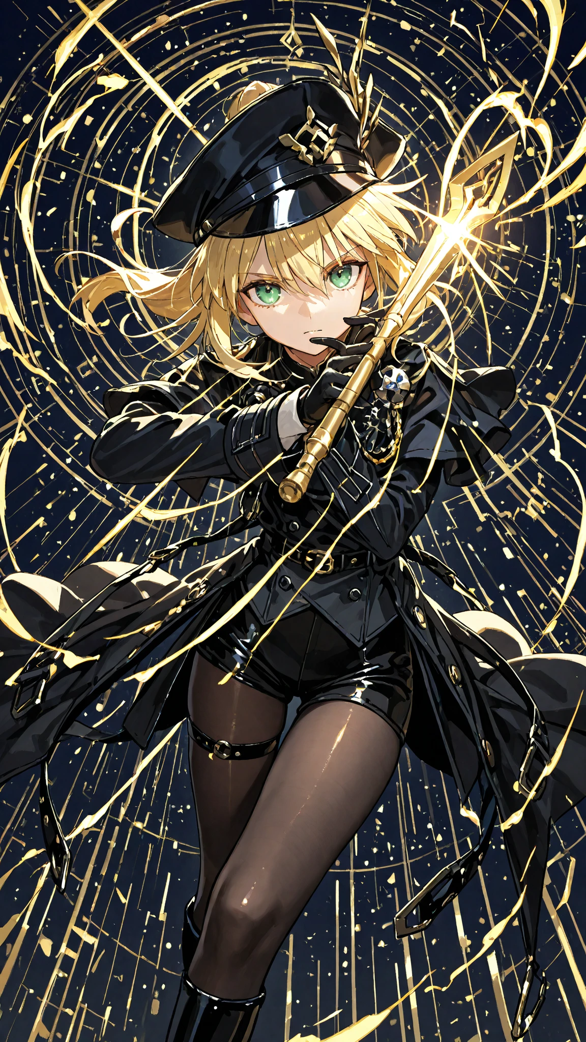 (best quality, detailed, accurately drawn fingers), (masterpiece, sidelighting, finely detailed golden eyes: 1.2), ((Best quality)), ((masterpiece)), 1girl, (solo:1.2), [slim], pale skin, ((detailed eyes)), (blurry background), (black office suit in chinese style), visible neck, (white glove on left hand), red tie with golden symblol, (black glove on right hand), (collarbone), short hair, golden blonde, golden eyes, gentle smile, raising hand toward viewer