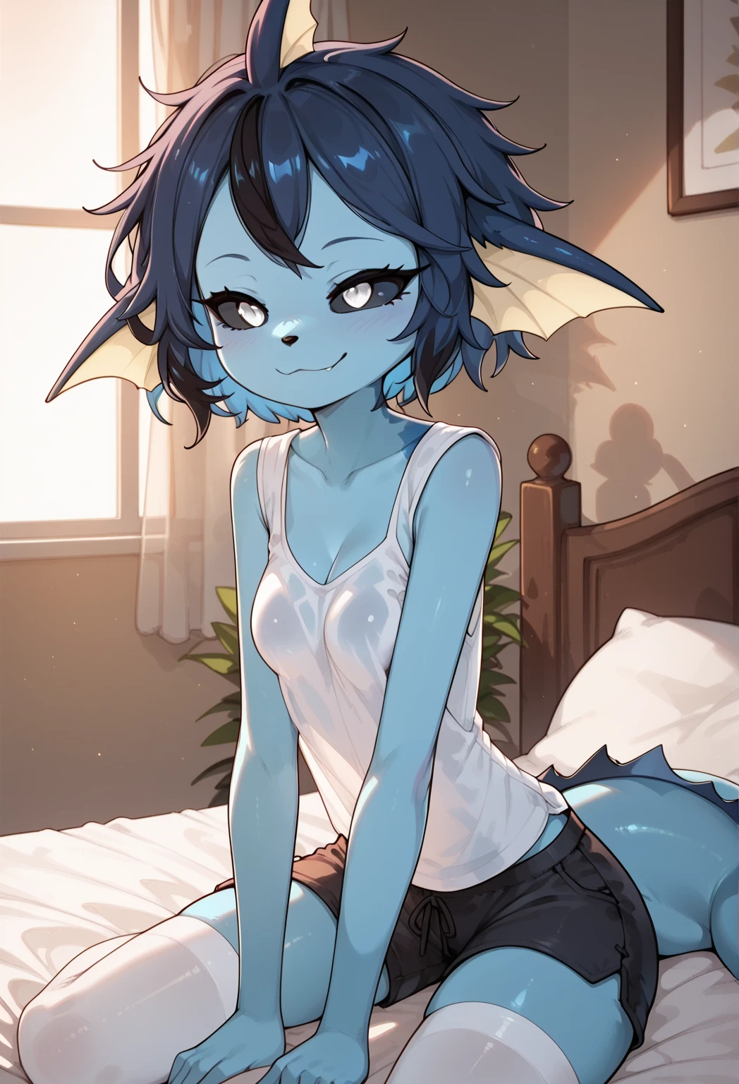masterpiece, best quality, 1girl, jesterlavorre, blue hair, purple eyes,(( blue skin)), freckles, colored skin, horns, pointy ears,, tiefling, smile, looking at viewer, solo , cleavage, (pink tank top), kneeling on bed, from side, (legs spread), no panties, pussy, enticing eyes, pubic hair, bedroom