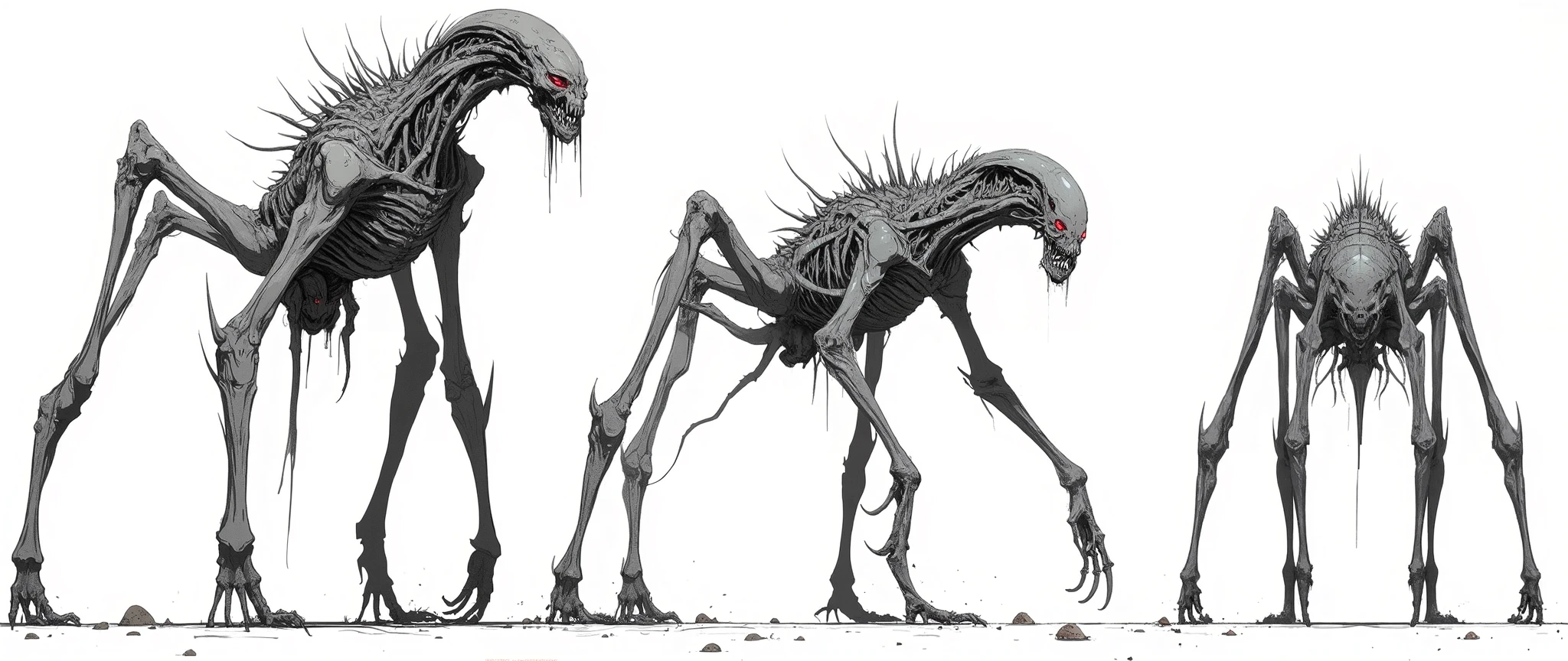 Masterpiece, latest fashion, very aesthetic. A monster with spider legs, it has 6 legs, it looks like a being from another planet, its head is elongated as if it were the body of the alien xenomorph, its color is pale gray, it has a thin body with monstrous bones in its rib, it has huge claws, quadruped monster, [[rendered as anime 'Blame' 'Berzeker' 'PSYCHO-PASS' 'Texhnolyze', female body similar to the anime 'Blade & Soul']] rossdraws 2.0, high resolution, 90's anime style, full body, high contrast, anatomically correct, front, side and back view, character presentation, [[white background]], character design layout, 3 sides, front, back and side, front view [[[She IS FRONT]]], [[She is from the back]] [[FULL BODY]], [[Image showing her full body from head to toe]], front and side view in same image, [[white background]], character concept presentation. no shading, flat colors in 90's anime style with cel shaded. 3 tones
