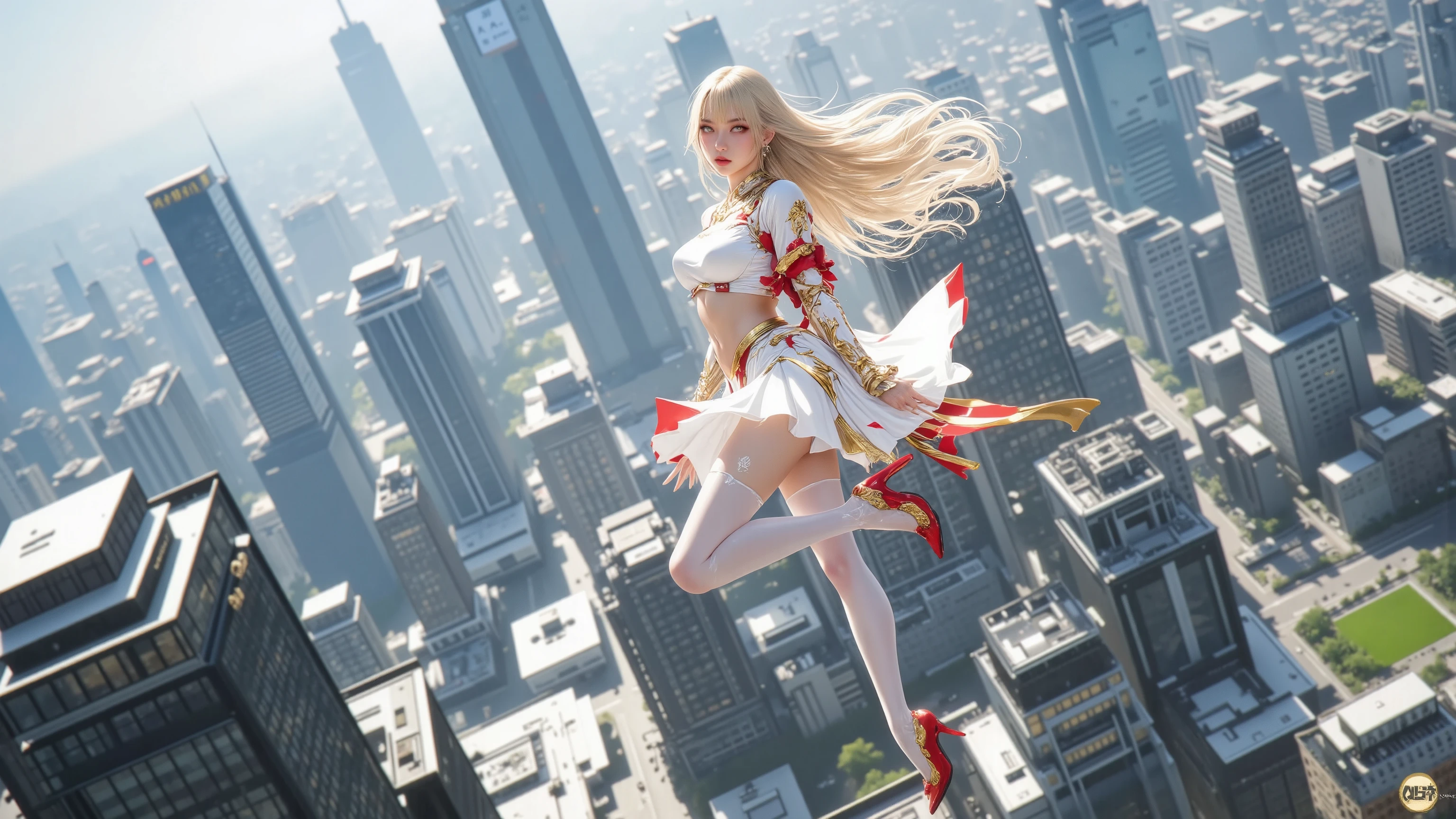 Giantess, long sexy legs, yellow hair, bikini,lying on top of destroyed buildings, city at her feet burns in flames for the destruction she has caused, tiny people climb on her body to try to defeat her uselessly. Giantess, goddess, macrophilia, curvaceous body, hentai, fetish, sexy legs, bikini, high heels, high quality, tiny people, people climbing body, giantess body, small people