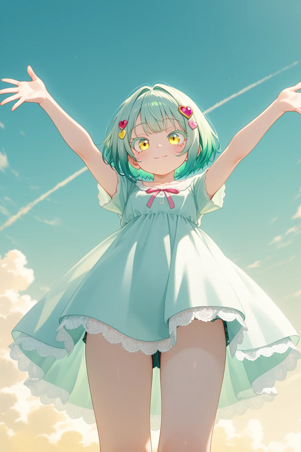 very cute girl、((11 years old))、Light green hair、short long hair、(Bangs longer than shoulders)、(Beautiful, vibrant and gorgeous dress)、not wearing panties、underless、Silver tiara on head、smile、open your mouth、Skirt swaying in the wind