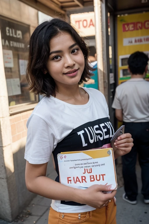 A beautiful Indonesian woman, wearing a cream coloured t-shirt with a strong vector design featuring a silhouetted image of a downward arrow symbol in an orange colour full of splash and blood. The phrase "WANI PIRO" is displayed in elegant and simple bold letters, distressed typography with pastel colours, while holding-up panties, miniskirt, short wavy hair, one handed pose pointing cameramen, in a public place, surrounded by many men, seductive pose, jav idol, with front shooting angle, very realistic, (complex detail: 0.9), (hdr, hyperdetail: 1.2), RAW, Sony Alpha a9 II, 24-105mm f/4, HDR,