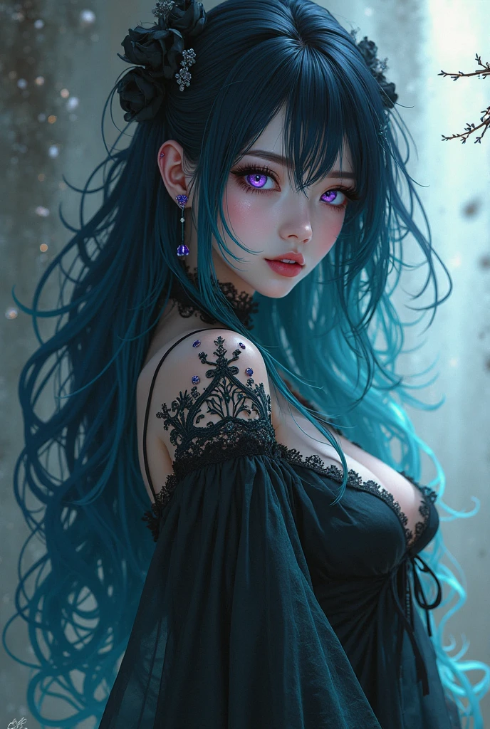 ((1 beautiful girl, gorgeous, large firm push up breasts, black dresses, neckline, 20 years old)),black and blue hairs green eyes),Raw photo,ultra realistic, uhd, realistic skin and hairs, best quality,16k resolution,vivid colors, (((the most beautiful cute girl faces in the world))), ear rings, beautiful make up