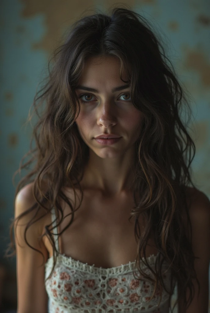 scared , hiding behind some ruins, house destroyed by a catastrophe ,RAW photo, Highly detailed skin, exposed, Photography, Masterpiece, Best quality, Gorgeous, Ultra-detailed face, detailed bust, Detailed brown eyes, ((no close up)) , very detailed breasts, breast visible, lust looks at the viewer, pale skin, detailed skin, slender body, extreme detailed, dark hair, super long hair, very large eyes, very young, indoors, studio light, semi-darkness, raw photo