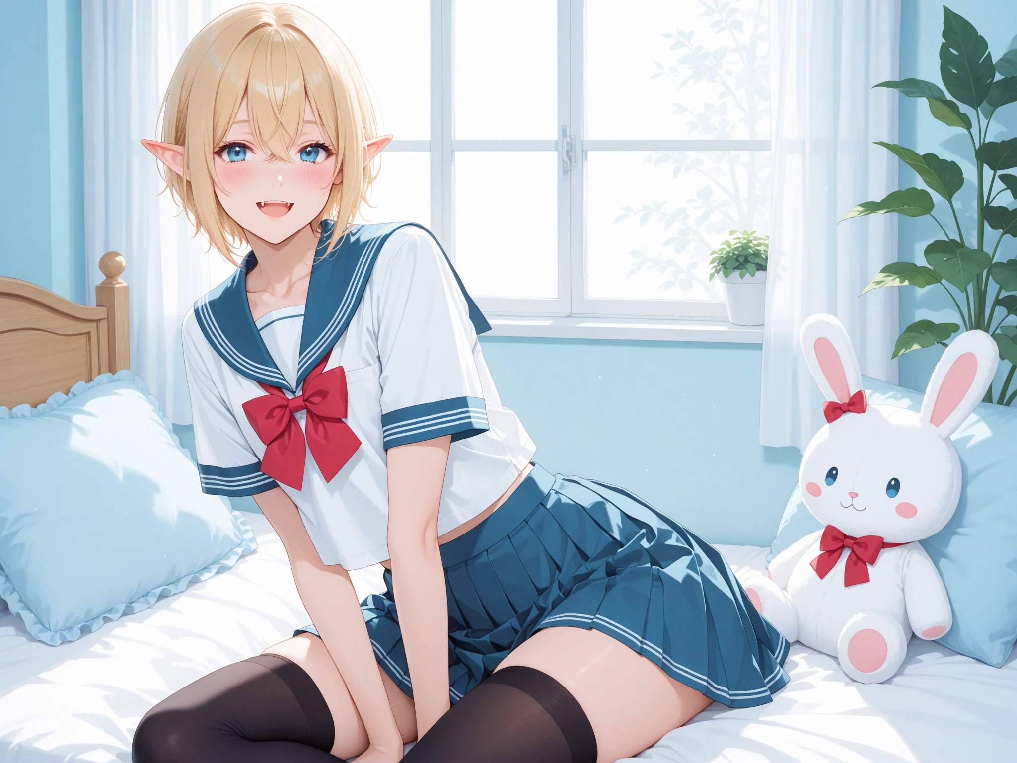 (masterpiece, best quality:1.2),illustration,8k,hd,1girl,solo,upper body,(portrait:1.2),small breasts,elf,pointy ears,very long hair,blond hair, skirt,bow,pleated skirt,white shirt,red bowtie,short sleeves,ponytail,blue skirt,bangs,hair ribbon,collared shirt,parted bangs,white thighhighs,blue hair bow,blue eyes, (summer sailor uniform, serafuku, red butterfly tie, naby pleated micro skirt, celeste string panties), sitting, squatting, spreading legs, (((torn clothes, dripping wet clothes))), peeing, peeing over panties