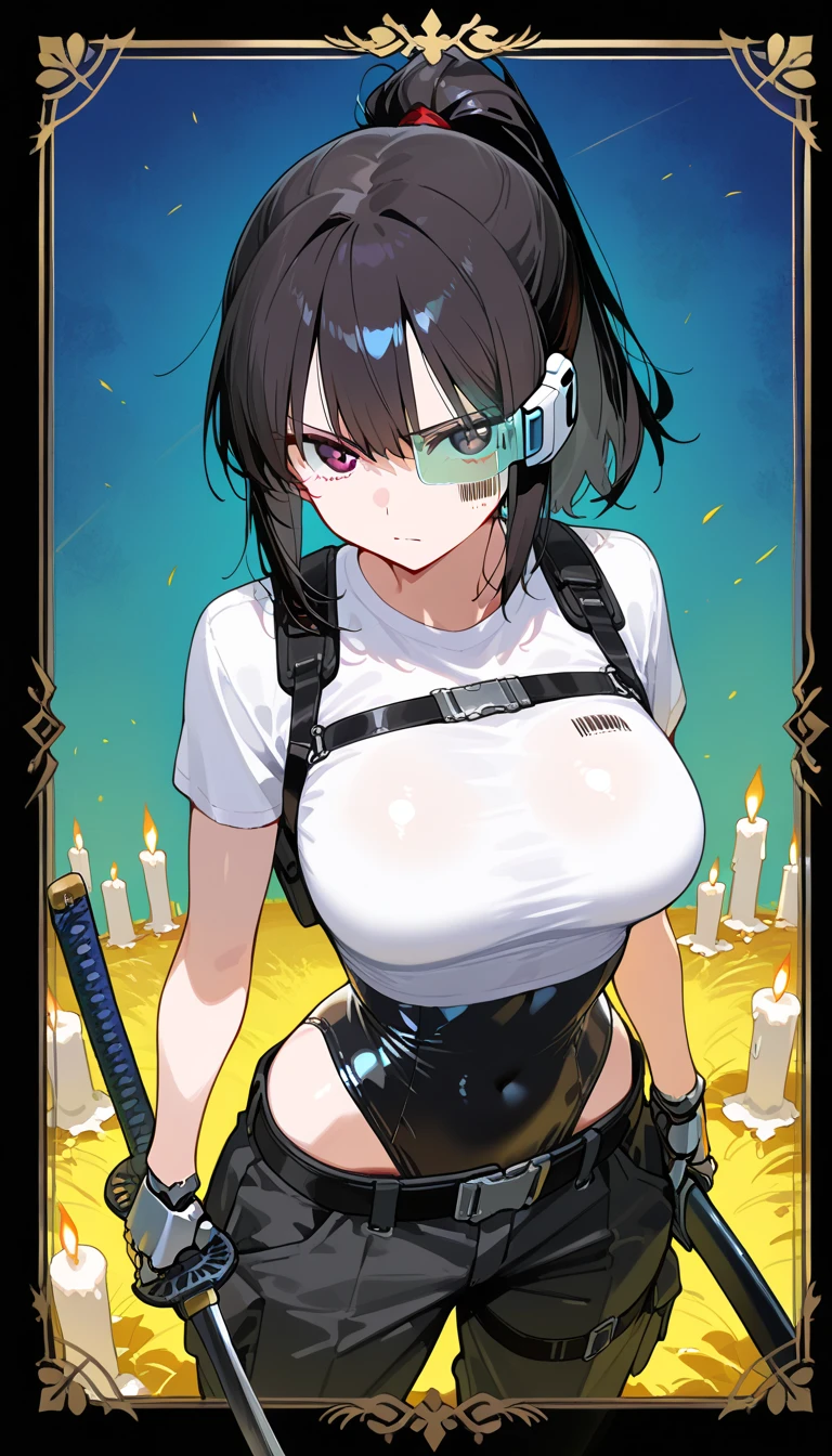A woman with short dark brown hair, faint green eyes, smiling in a fantasy world forest, holding a fan with one hand, big breast, solo, 1girl, smile, looking at viewer, SLAVE, SHACKLES, BRACERS, CHAINS