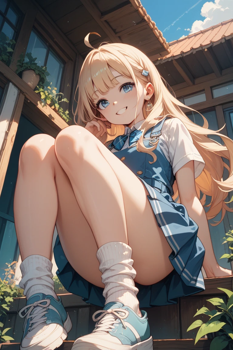 (masterpiece、highest quality、High resolution、realistic pictures、real looking skin:1.1), (greenＶwearing a neck knit,Moe sleeves,she is wearing a gray pleated miniskirt.:1.1), 1 Japanese woman, beautiful eyes, shining eyes, blonde, medium long hair, university student, (Squat down with both knees facing towards you..:1.8), (Place your elbows on your knees、put your chin on it.:1.5), (slightly exposed pants: 1.5), (simple light green cotton panties: 1.5), (provocative and grinning expression:1.5), (The place is an amusement park:1.5), (brown knee-length boots:1.5), NSFW