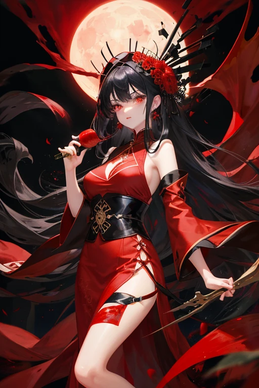 an oriental girl,Sharp features,Eyes closed, radiating a glow,A slight upward curve to the lips,Dragon Horn,Big breasts,long hair shawl,thin waist,Dressed in Tang Dynasty attire,A cave overflowing with treasures,Counting money while sitting