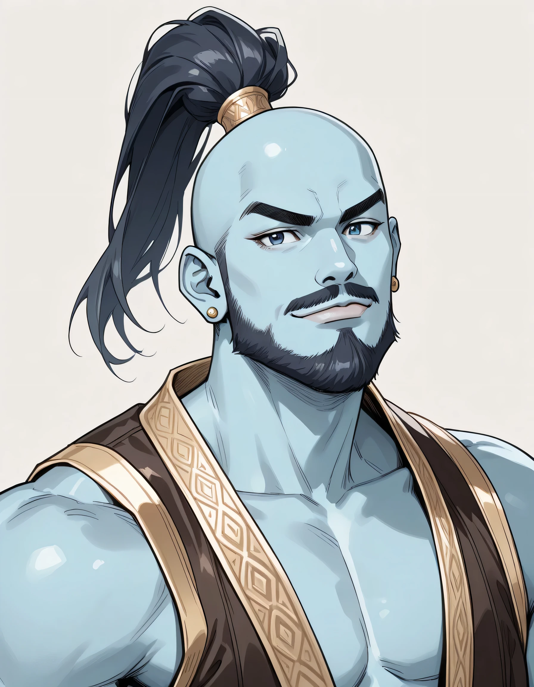 sideview,solo,man,Bald,(black high ponytail),Man, handsome face,man's eyes, Piercings, Arabian fashion, stylish genie,man's nose,flat eyes, thick eyebrows,(small mustache,beard), genie of the lamp, blue skin,muscular, vest, bare skin,(lineart),sketch,slam dunk style,mono,(looking at viewer:1.3),white background,manga style