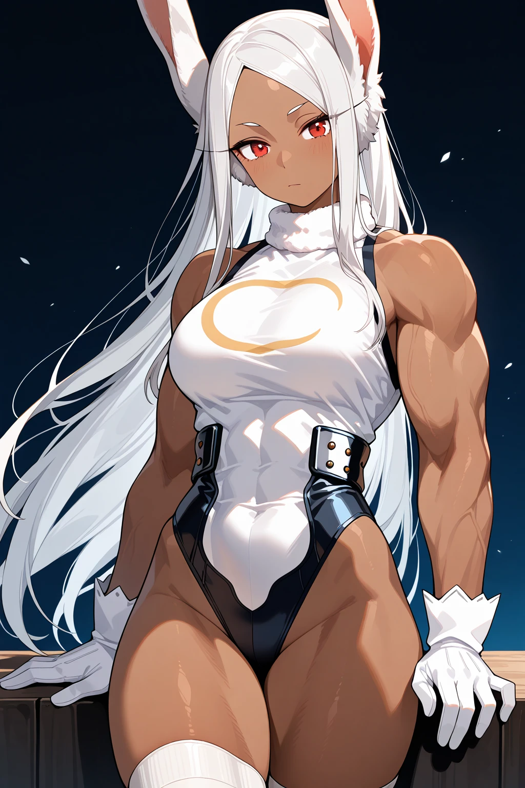 scan, (extremely detailed CG unity 8k wallpaper:1.1), highres, (1girl), mirkomha, boku no hero academia, rabbit ears, ((dark-skinned female)), ((dark skin)), red eyes, white gloves, (white hair, long hair), large breasts, night, looking at viewer, smirk, house, bed, muscular, muscle, belly, armpits, nude, desnudo, breasts