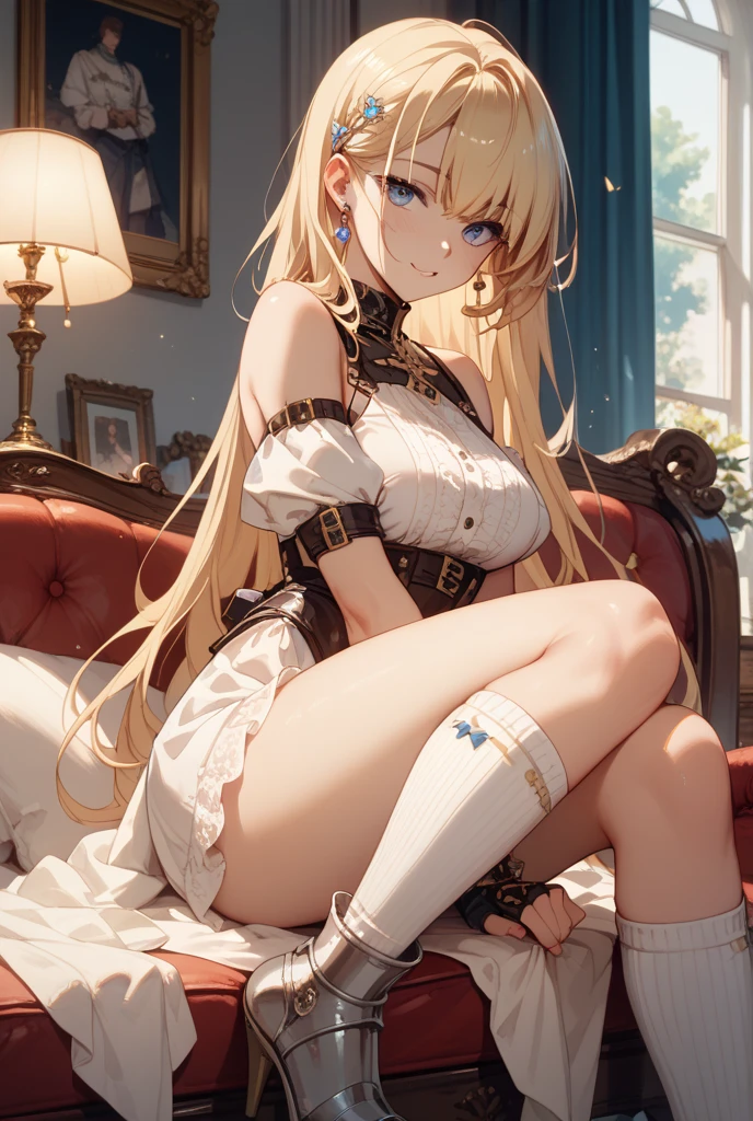 best quality,Super detailed,Perfect limbs,floor、mini skirt,Clothes with intricate details,Bright,Swimsuit,one person,blond,Sexy、Deep sleep、long hair、Stockings
