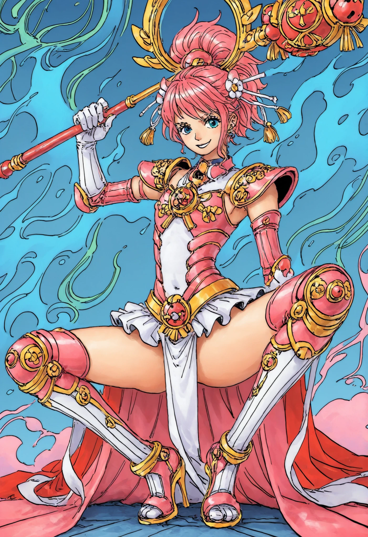 "(masterpiece:1.1), best quality,
1girl, solo, (80s anime style:1.3), (eyelashes:1.5), (loli:1.2),
(intricate high detailed body:1.2),
(pink hair:1.1), (hair between eyes:1.1), (very short hair, pixie cut:1.1), (tiara:1.1),
purple eyes, (red lip stick:1.3),
(gigantic breasts:1.1),
(shy:1.2), (blush:1.1),
(bikini armor:1.2),
(knight armor, armored boots:1.2), (jewelry:1.1), crystal necklace,
(sitting, spread legs:1.1),
(cowboy shot, cameltoe:1.1),
(daytime, grassland, outdoors:1.1)"