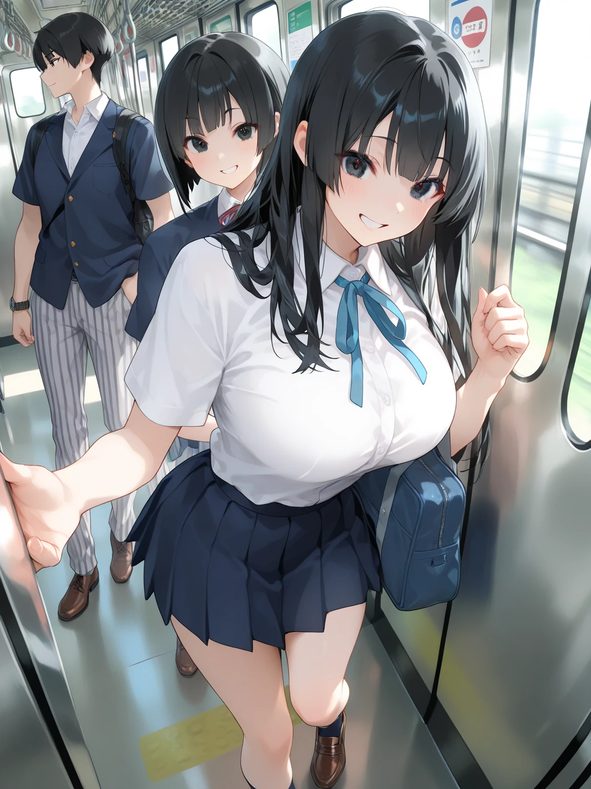 Anime Moe Art Style,Highest quality,High resolution,Anatomically correct,Multiple Girls,Mid-teens,Mr.々Hair style,Super detailed,Big Breasts,Shiny skin,Beautiful Skin,A rich expression,Shy expression,high school girl,???????,Show off your chest,Nipples are visible,Flip up with a skirt,I can see the shorts,on the train,Seduce,blazer,Pleated skirt,mini skirt,Eyes drawn in detail,8K