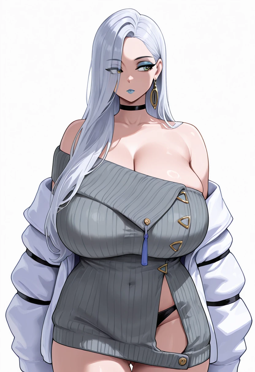 my little pony, black striped white hair, (pale white body), gray eyes, standing, big breasts, beautiful body, purple lips, thong, slave, short patterned skirt, light top
