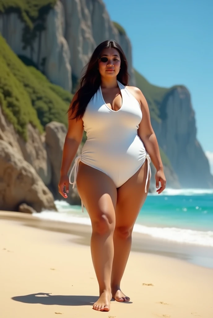 Three beautiful women, nuas, uma oriental, uma loira, uma ruiva, na praia de nudismo, obra de arte, realista, muito detalhado, realista, detalhes, standing on her feet, lado a lado, seis fartos, pernas abertas, gostosas