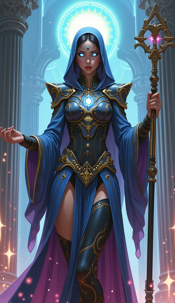 Speed painting of portrait of a fantasy female brunette human adventurer, with a blue hood, in a temple, D&D character, holding a large magic book with butterfly on the book cover.