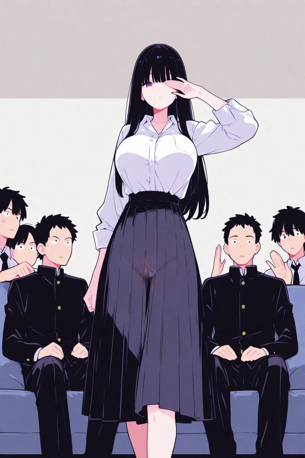 Anime, blue eyes, short black hair, wearing long plain white shirt, high res, ultrasharp, masterpiece, wet shirt, pussy, crowd, next to other people, only viewer can see pussy