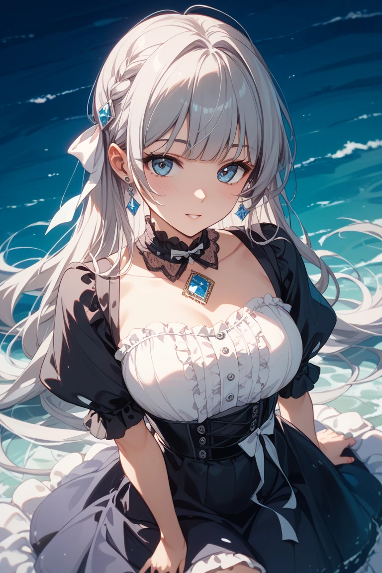 ((dress_default, terrific_default, ornament_waist)):1.5,((solo, 1girl)) ((masterpiece,Highest quality,Highly detailed images,Beautiful images、Realistic、Dutch Angle)),(Dynamic Angle)、 (Bright lighting overall、Backlight、A fantastic atmosphere、Thick Fog、Dust flutters),(Dynamic pose、Beautiful cleavage、huge breasts, Support your chest with your hands)1.2, ((Beautiful starry sky、shooting star、Ocean))、Black sleeves