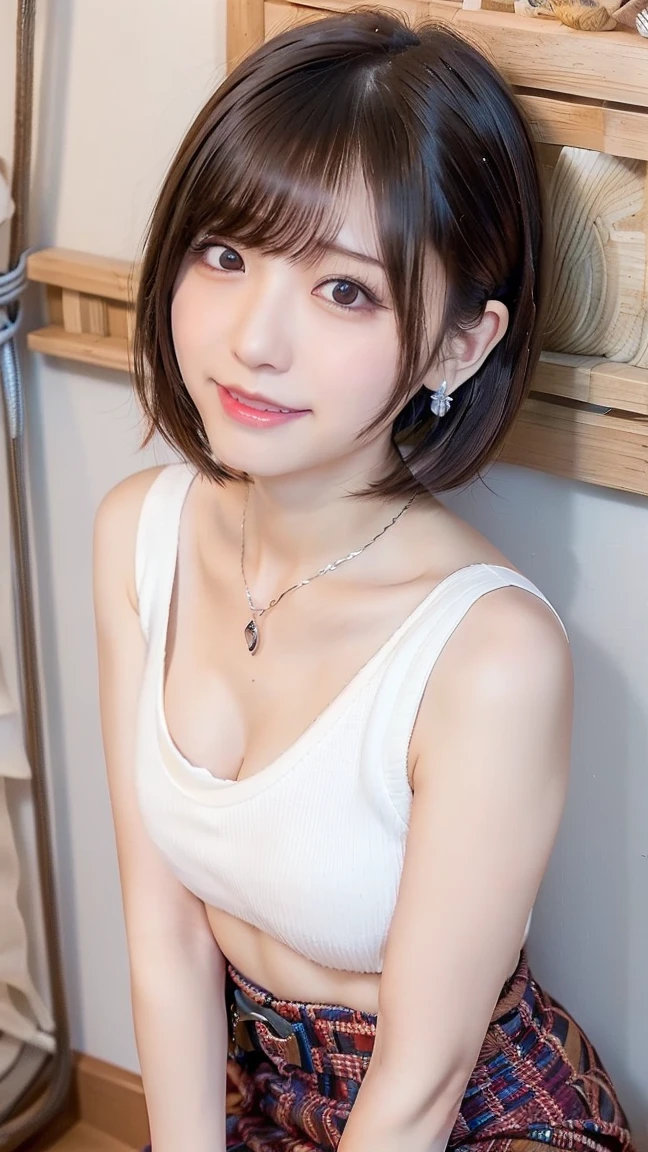 best quality, highres, anatomically correct, 8K、(((Beautiful girl small breasts))),Wearing a black jacket、Cyberpunk Red Green Background、(((Upper body naked))),smile,,、Round face,Big eyes, Round eyes、No makeup