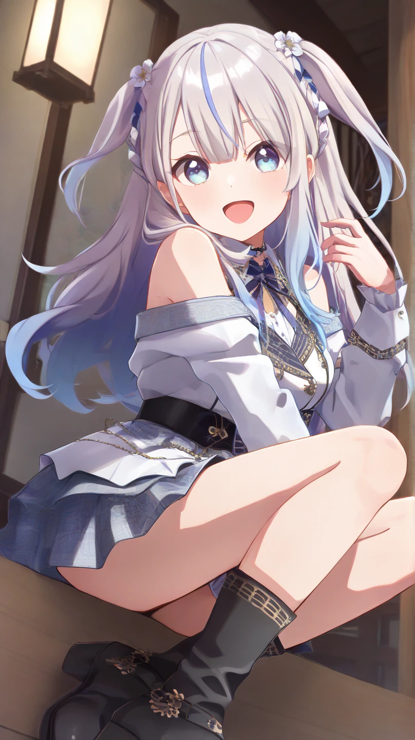 1girl in, (masutepiece:1.1), (Best Quality:1.1), (White blouse:1.1), (checkered skirt:1.1), student clothes, high waist skirt, BREAK [Blue:Pink:0.5] theme, (Gradient background :1.1), Cowboy Shots, Break Silver Hair, length hair, , verd s eyes, Intricate and detailed tiaras, sideways Facing,wind lift,(Panties:1.2),((Open Shirt)),White bra,Sit up