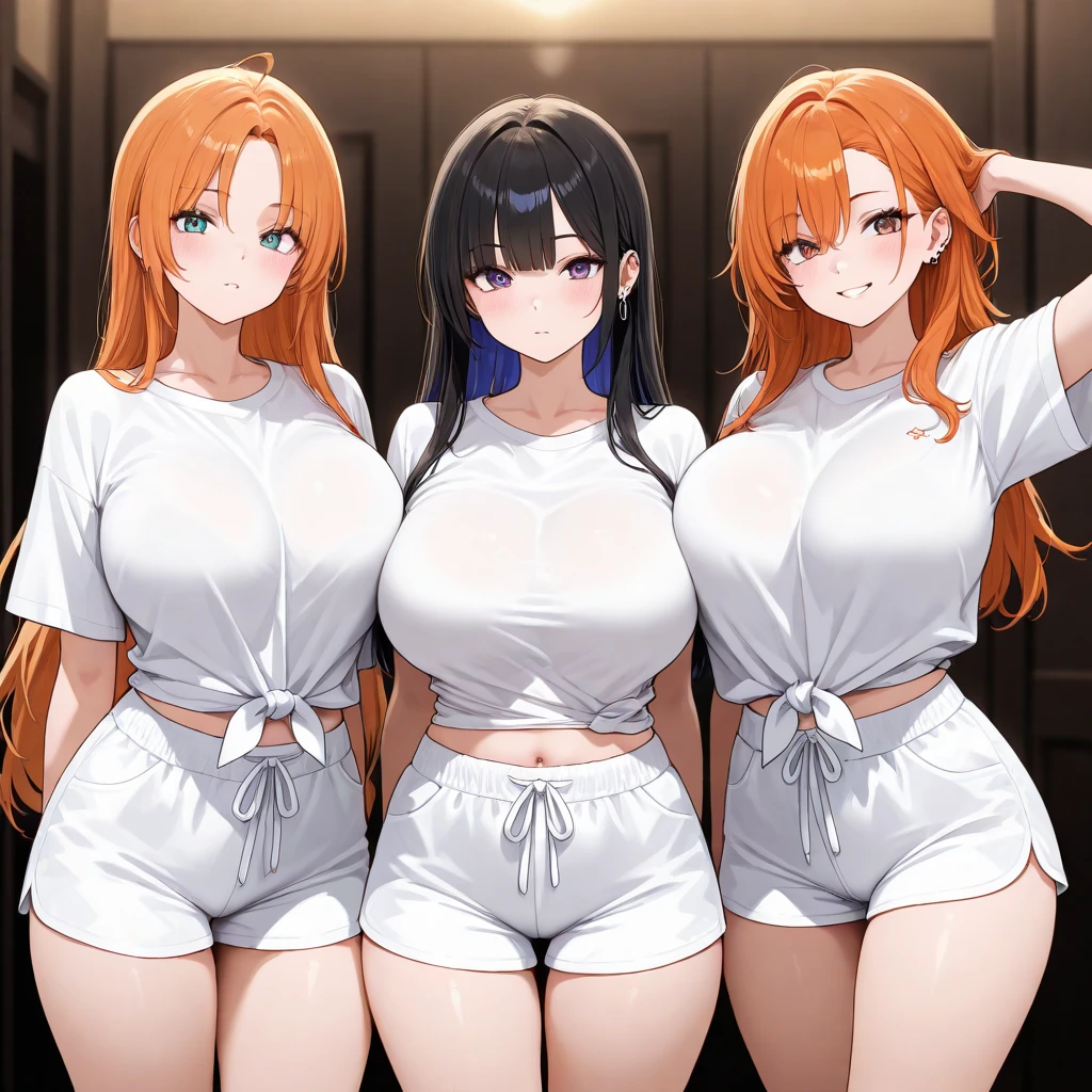 nsfw,lineup,view,nude,(toes),frontview,crotch,straight-on,middle shot,bare shoulder,bare breasts,bare arms,barebreasts,big nipples,Transparent Pasties,stomach,bare legs,sidelocks,purpleeyes,masterpiece,best quality,very aesthetic,absurdres,shiny,light,bigbreast,Covered nipples,cowboy shot