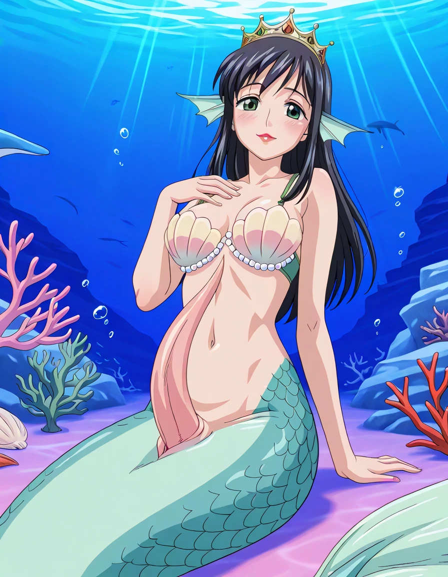 nsfw, masterpiece, best quality, long hair, blue eyes, green hair, horns, evil_smile, looking_at_viewer, (beach1.2),MICRO BIKINI TIGER PRINT, big breasts, red lipstick, sexy, huge breasts,((showing the breasts)), ((1 young ??? boy)), woman lying with a young ??? boy, vaginal