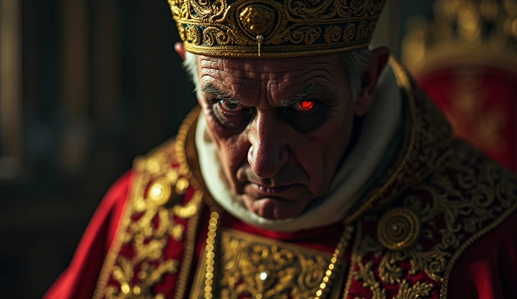 a cardinal, head of the priests, wearing traditional Vatican attire, holding a crucifix and an ancient book of exorcisms, with an expression of determination mixed with fear exorcising a ferocious werewolf creature with glowing eyes and sharp teeth, tied with silver chains, fighting against the restrictions, with an expression of pain and fury. . Setting: an ancient stone enclosure inside the Vatican, with cold, damp walls, lit only by flickering candles that cast dancing shadows. Heavy chains hang from the walls, creating an oppressive, claustrophobic atmosphere. Atmosphere: The scene should be scary, dark and convey a sense of fear and terror.