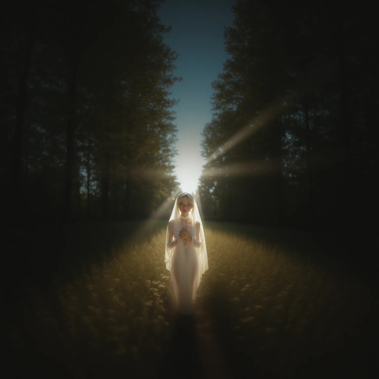 nervous bride is walking in the woods alone at night, beautiful woman, 1girl, dense forest, nighttime