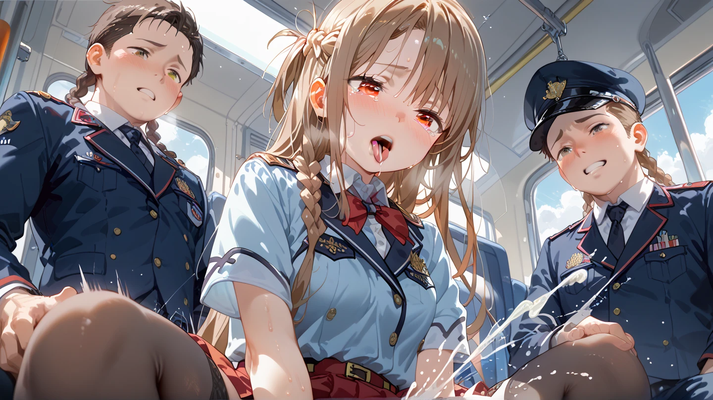 score_7_up, anime screencap,
1girl, solo, closed mouth, light smile, blush,
long hair, brown hair, brown eyes,
HarukaUniform, blue jacket, white shirt, red necktie, green armband, white gloves, pencil skirt, blue skirt, brown pantyhose, long sleeves, high heels
(nsfw:1), (Uncensored:1), score_9, score_8_up, score_7_up, score_6_up, score_5_up, score_4_up,
gangbang, 1girl, solo forcas, Simple background, depth of field, indoors,
4+boys, Gangbang, Group Sex, Multiple Boys, Multiple Penises, black boys, no face boys, Men in black,
hetero, sex, group sex, oral, fellatio, irrumatio, deepthroat, rough sex, aggressive,
spread legs, spitroast, sweat, gangbang, double penetration, triple penetration, cum on face, cum on clothes, cum shots, cum in hair, bedroom hair,
bukkake, blindfold, hair pulling
cowboy shot ,
blurry background, train station, rail tracks