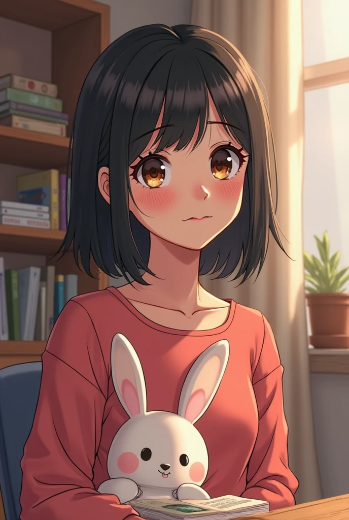 1 girl,Squatting on the ground,Large off-shoulder T-shirt,White clothes with carrot pattern printed on them NSFW,Pink ribbon panties,Open hands,black hair,Bob's short hair reaches shoulders,Expression smile,Tilt your head,open mouth,Short skirt。looking at the front。Full body picture,Human eye perspective shooting, Perfect fingers