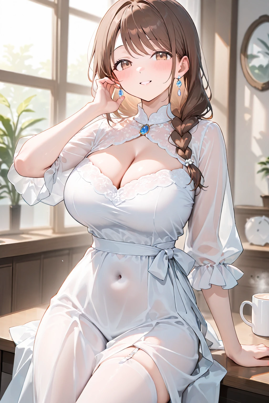 18-year-old girl,Baby Face,Crimson short-haired,ponytail hairstyle,Smile,Huge breasts,cleavage,Sheer red sleeveless top,Leave space in the middle to reveal cleavage,Soaked all over,Blushing,green eyes,Female spy,Red miniskirt,White gloves,White hand sleeves,White boots,Science fiction,Future,Inside the mecha combat robot warehouse,robot driver,Pistol hanging on waist,No bangs,Wearing earrings only on one side,Lipstick