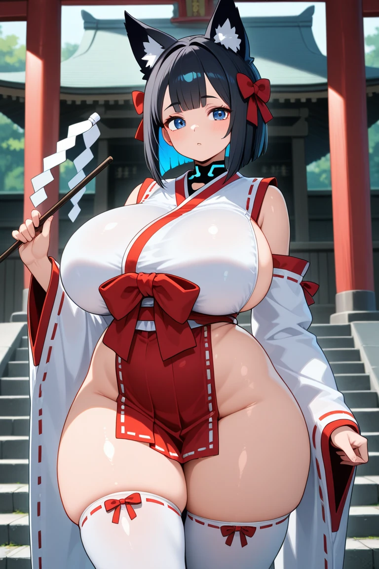 realistic, masterpiece, highest quality, perfect anatomy,Anime Screen Capture, ((huge breasts)),wide ass、thick thighs、((shrine maiden、Red sci-fi suit、white leotard))、long hair ponytail、Slit orange eyes、navy blue hair , hand on chest、 ((blush))、((((embarrassing)))), Are standing、(city)、red demon horn、gold hair ornament