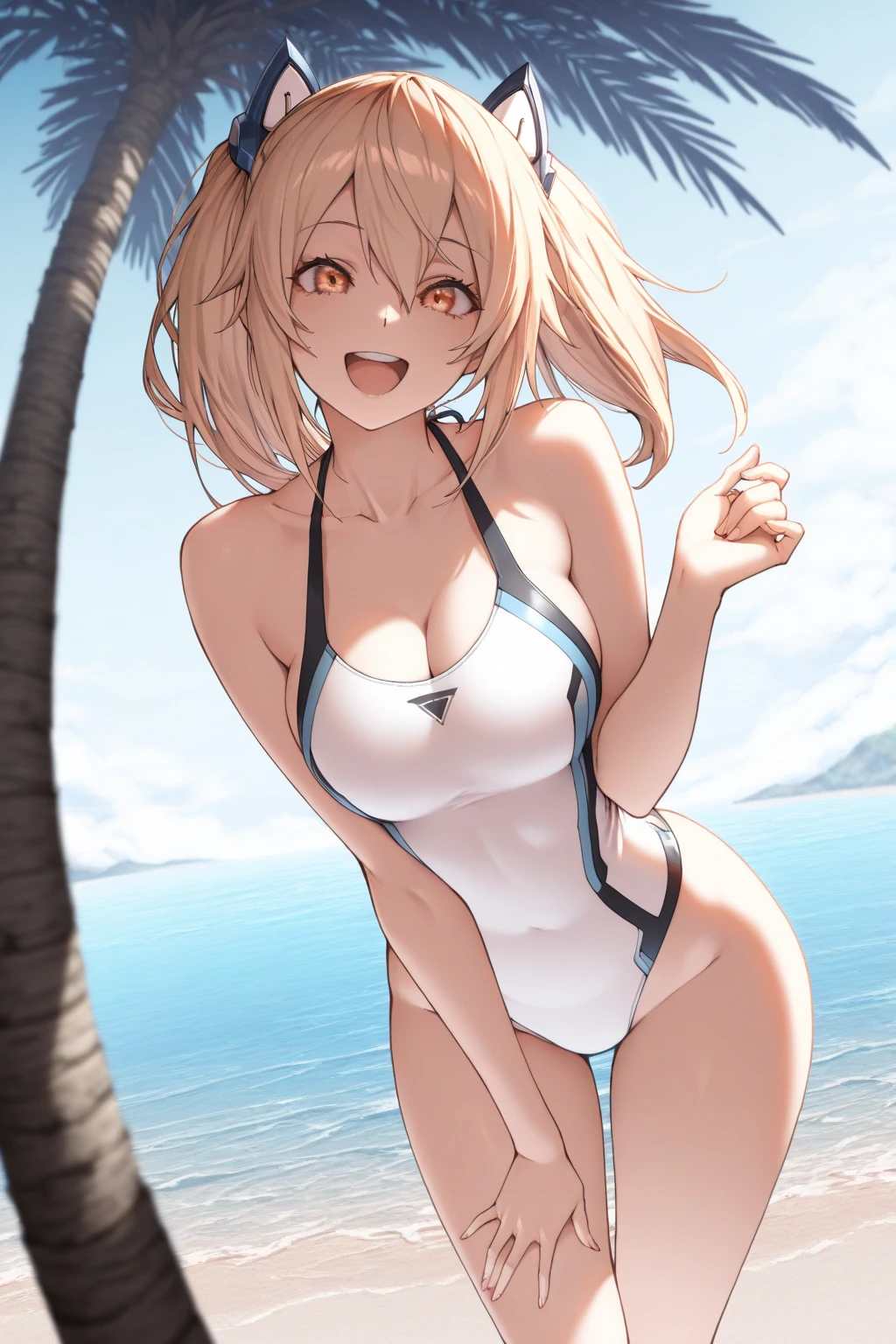 (masterpiece, best quality:1.2), 1girl, MococoAbyssgard, facing viewer, hairclip, hairband, one piece swimsuit, beach, blush, cute, hands behind head,