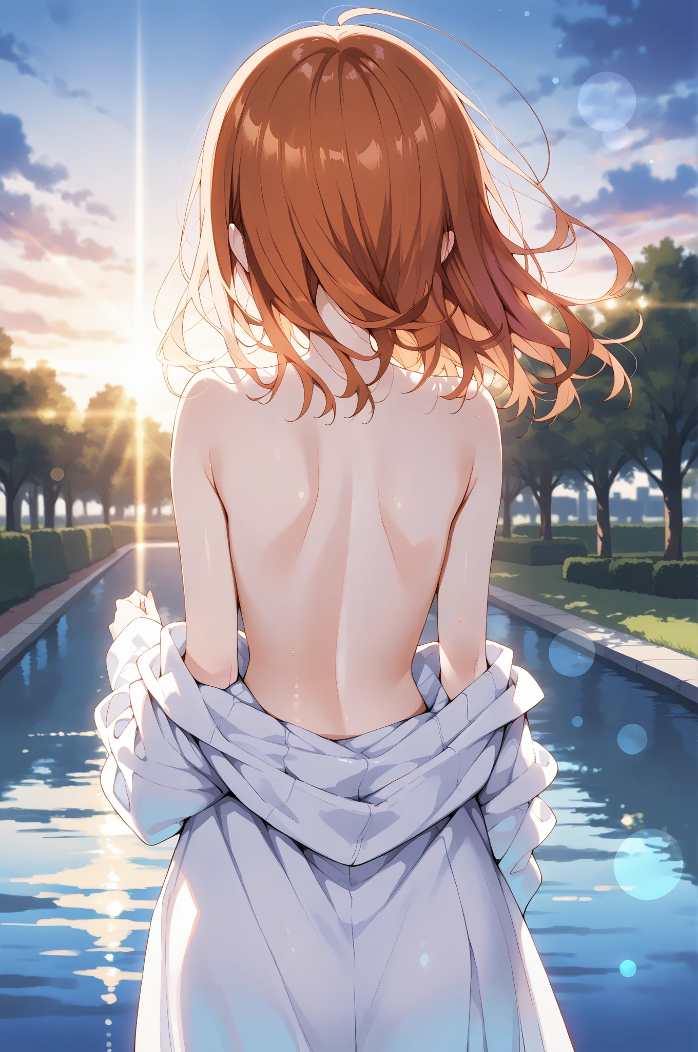 best quality, insanely detailed, miku nakano, poolside background, breasts, blush, back style, pussy, focus pussy, nipple, look into the distance, nsfw