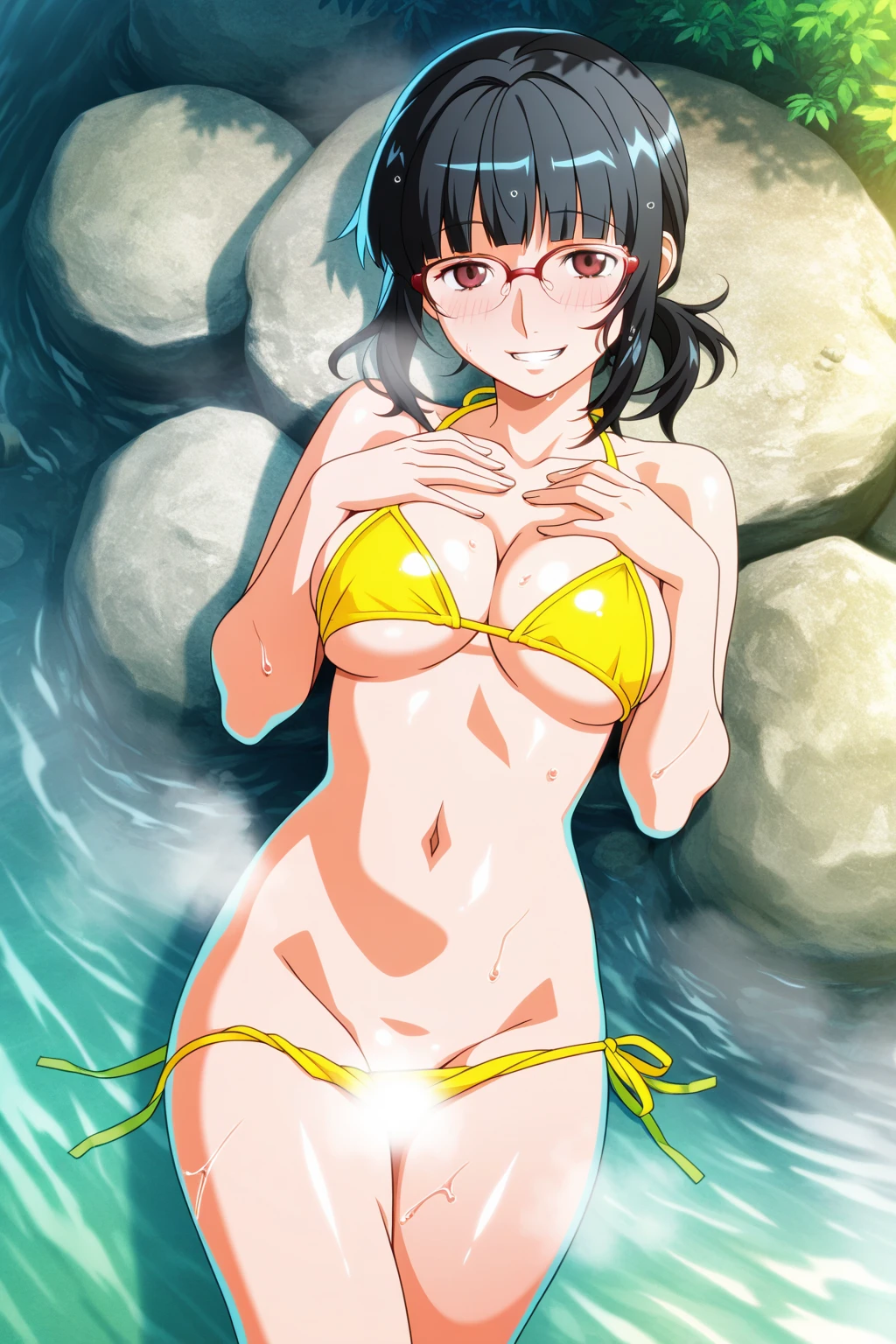 (masterpiece, 4K, Highest quality, anime style: 1.9, Detailed face, cute, Ocean,bold, High resolution, anime, Lake 4. alone, Curvaceous, Very slim belly, Cowboy Shot, 1 girl,smile,Please open your mouth wide,View your viewers,Big Breasts,(Sexy pose),Momo Yaoyorozu.(Completely naked,Beautiful nipples,pubic hair)