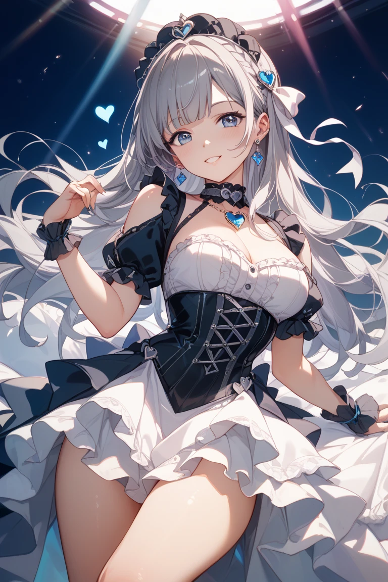 White chinchilla ears、black gothic clothing、White lace gloves、White chinchilla tail、Black headdress、A large black ribbon and jewel on her chest、Very long hair, Gray Hair, smile, Full-body portrait, Background blur, VTuber、Longitudinal pupils/cat's eyes, Illustration, Character Design, Black shoes、Heterochromia