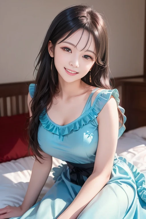 (Highest quality,masterpiece:1.3,Ultra-high resolution),(Very detailed、Caustics) (Realistic:1.4, RAW shooting、)Ultra-Realistic Capture、Very detailed、Natural skin texture、masterpiece、(Japanese girl wearing a blue velvet dress:1.3)、Adorable expression、Expressions of happiness、14 years old、Height: 160cm、Young Face、Amazingly cute、Twin tail hairstyle、Curly Hair、Scrunchie、necklace、Black Hair、Heavy makeup、Large breasts、Shining thighs、Filmed inside a sex shop、Pink Curtains、Pink Wallpaper、(Sit on the bed)、Background details、smile、An inviting gaze、Anatomically correct、Attention to detail、Sexy and cute pose、