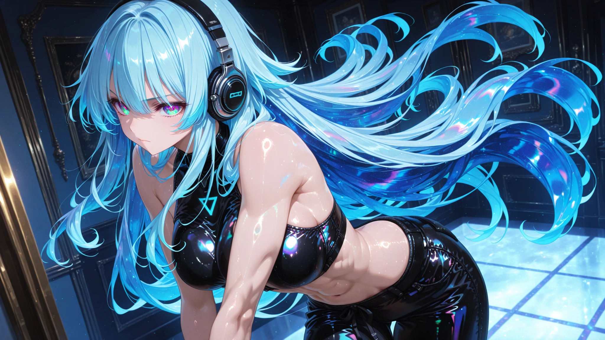 aalamy, long hair, streaked hair, ahoge, braid, beret, white headwear, hair flower, blue bowtie, cleavage, clothing cutout, white shirt, off shoulder, sleeveless, black corset, blue coat, snowflake print, fur-trimmed coat, open clothes, white thighhighs, brown belt, blue skirt,,(masterpiece),(best quality),(ultra-detailed),(best illustration),(best shadow),(absurdres),(very aesthetic),(detailed background),looking at viewer,in narrow factory,dim lighting,pink lighting,,sitting on chair,,in heat,horny,heavy breath,BrnWshM,sex machine, vaginal object insertion, object insertion, bondage, stationary restraints,frown, mind control, corruption, pussy juice, bdsm, tattoo,, saliva, blush, restrained, lactation, forced orgasm, sex toy, cum, pussy juice, barcode, barcode tattoo on breast, sweat, tentacles, piercing, cable, glowing, electr]icity, trembling, milking machine, heavy breathing, tube, headset,black face mask,head-mounted display,sitting on sex machine,hand caffs,tongue out,weakness,(arms behind back:1.3),splash,head up,