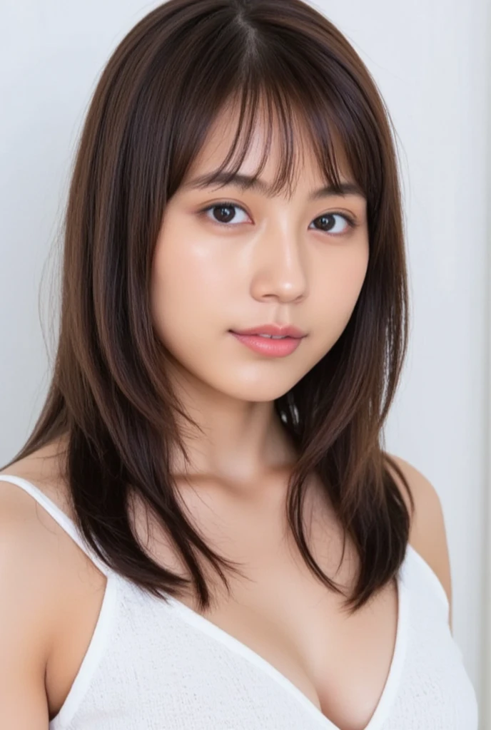 Highest quality, 8K, Tabletop, Realistic, Realistic, , (窓からはLate Nightの大都会の夜景、Ample breasts:1.2), Big Breasts, , , Abundant hips, Detailed face, Beautiful Face, , Beautiful woman,((Gray detailed eyes、Translucent skin texture、A shy smile、Fluffy hair、Light Brown Hair、Big city view from the window、Shaggy Cut、Floating Hair、、Cute Japanese Idols:1.4)). (、short hair、Floating Hair、Parted bangs、Bedroom、Sit on the bed、Place your hands on your feet、Late Night、indirect lighting、Sheer white bra and panties、Ample breasts、Looking into the camera:1.2))