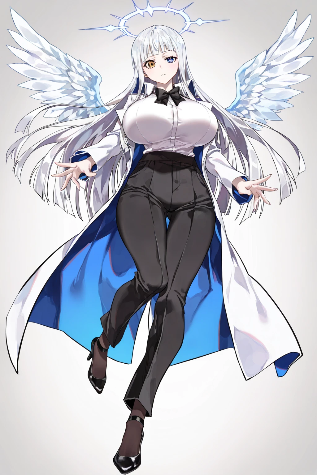 Omniels, blue hair, short hair, , angel halo, corset, boots,vest, gloves, big breast, alone, walking, hazbin hotel style