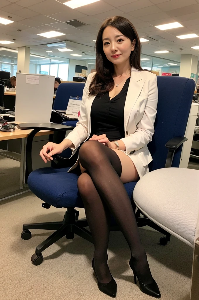 (innocent and cute girl:1.3), (Wearing Luxury business suit: 1.2), (Light Black Tights), ((zettairyouiki:1.3)), (high ponytail hairstyle, light brown hair, wavy hair), medium big breasts, (sitting cross-legged in an office chair:1.4), (in the entrance of Office), (Selfie pose on Instagram:1.2), From above, break, (masterpiece: 1.3), (maximum resolution: 1.2), (Ultra HDTV: 1.2), cinema light, Ultra HDTV, (fine eyes and skin:1.2), (detailed facial features), HDR, 8K resolution, sharp focus: 1.2, perfect style, beautiful face, beautiful feet, Accurate, anatomically correct, Highly detailed face and skin texture, fine eyes, brown eyes, double eyelid, thin eyebrows, glitter eyeliner, natural cheeks, Fair skin: 1.2, earrings, without a shiny little necklace, (glossy lips: 1.4),