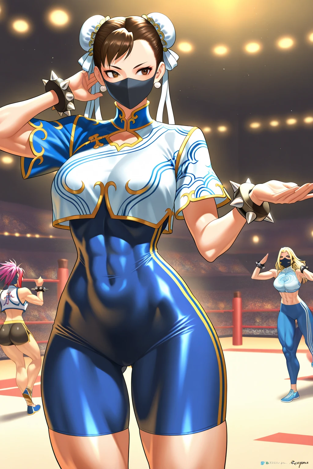 ((masterpiece)), ((high quality)), ((super detailed)), ((high resolution)) ,((8k)), a beautiful woman, ((She is one of the most famous female Gravure idol in the world.)), unparalleled beauty, ((huge breast)), ((large ass)), ((deep cleavage)), slim waist, chest out, ultra detailed face, perfect skin, (((Half-up hairstyle, Blonde Ponytail hair))), blue eyes, detailed eyes, whole body image, an inviting smile, (((anime))), ((glamorous)), 22 years old, ((incredibly beautiful woman)), ((The H cup bust)), (((Black judo wear))), ((beautiful breasts)), beautiful legs, 8 life size, anime, the most beautiful and strongest, ((charm)), ((Half Japanese and half British)), ((Grown-up face)), ((Open Finger Gloves, Five fingers)), ((Mixed Martial Arts, During a martial arts match)), fan service,