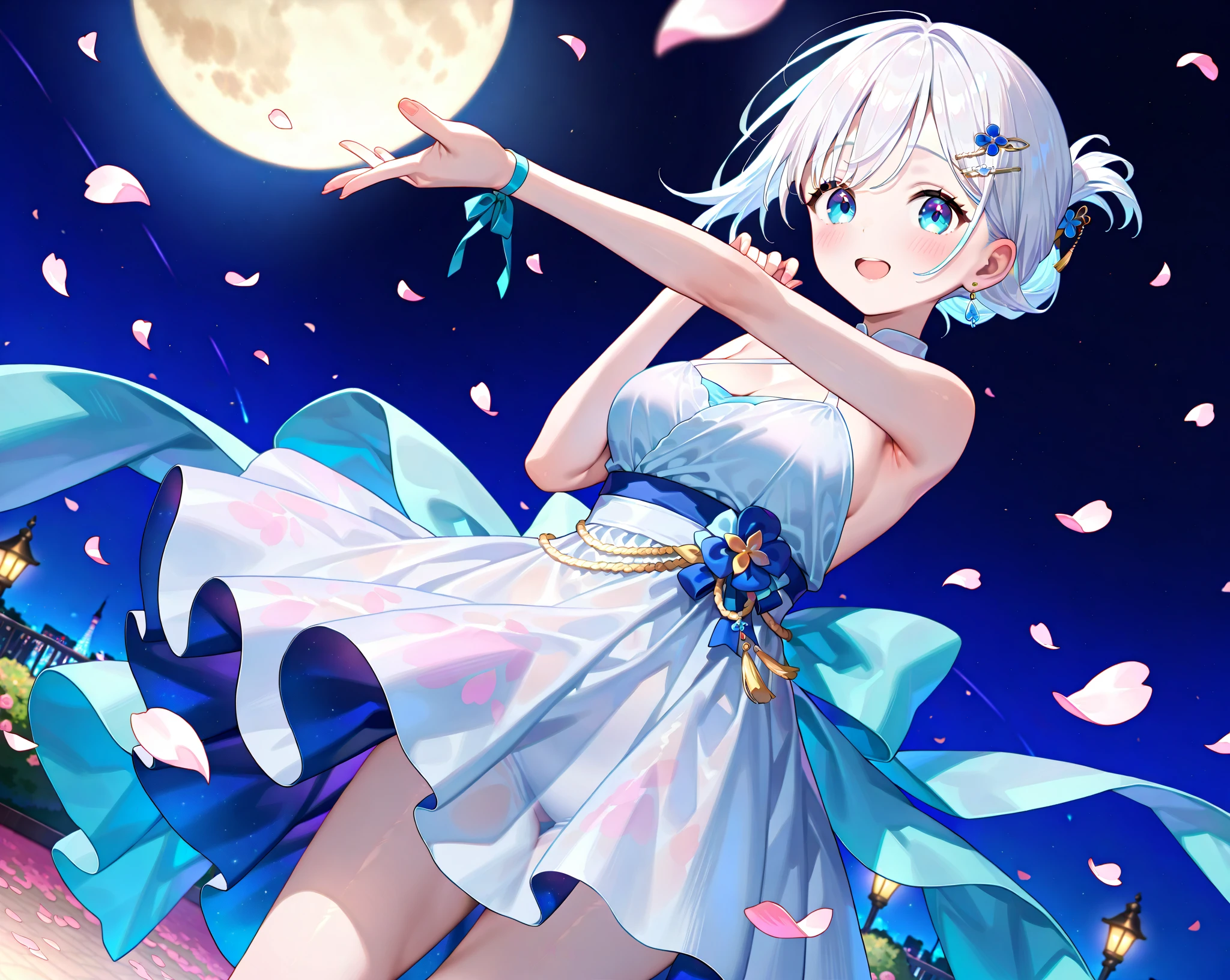 (Masterpiece), (Best Animated Illustration), (Supervision), One Girl, Solo, Silver-haired Beautiful Girl, Anime Loli, Cat Ear Loli, Petite Loli, Pale light blue see-through cheongsam, Short cheongsam, Bare shoulders, Smile, Cleavage enhancement, Cleavage cutout, Lower half of breast bare, Lower half of breast cutout, Open stance, Side boob, Thigh
