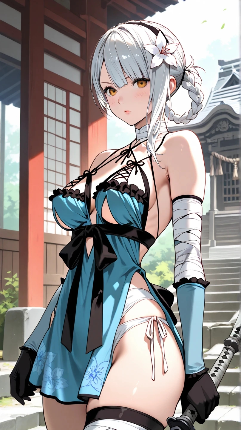 girl with1a person,huge tit,white hair,fullnude,swordsmen,embarassed face