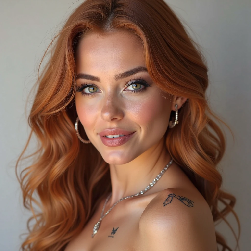 Girl in denim jumpsuit, Zipper completely open, sexy, whole toned body, rotes, voluminöses Hair, visible breasts, No underwear