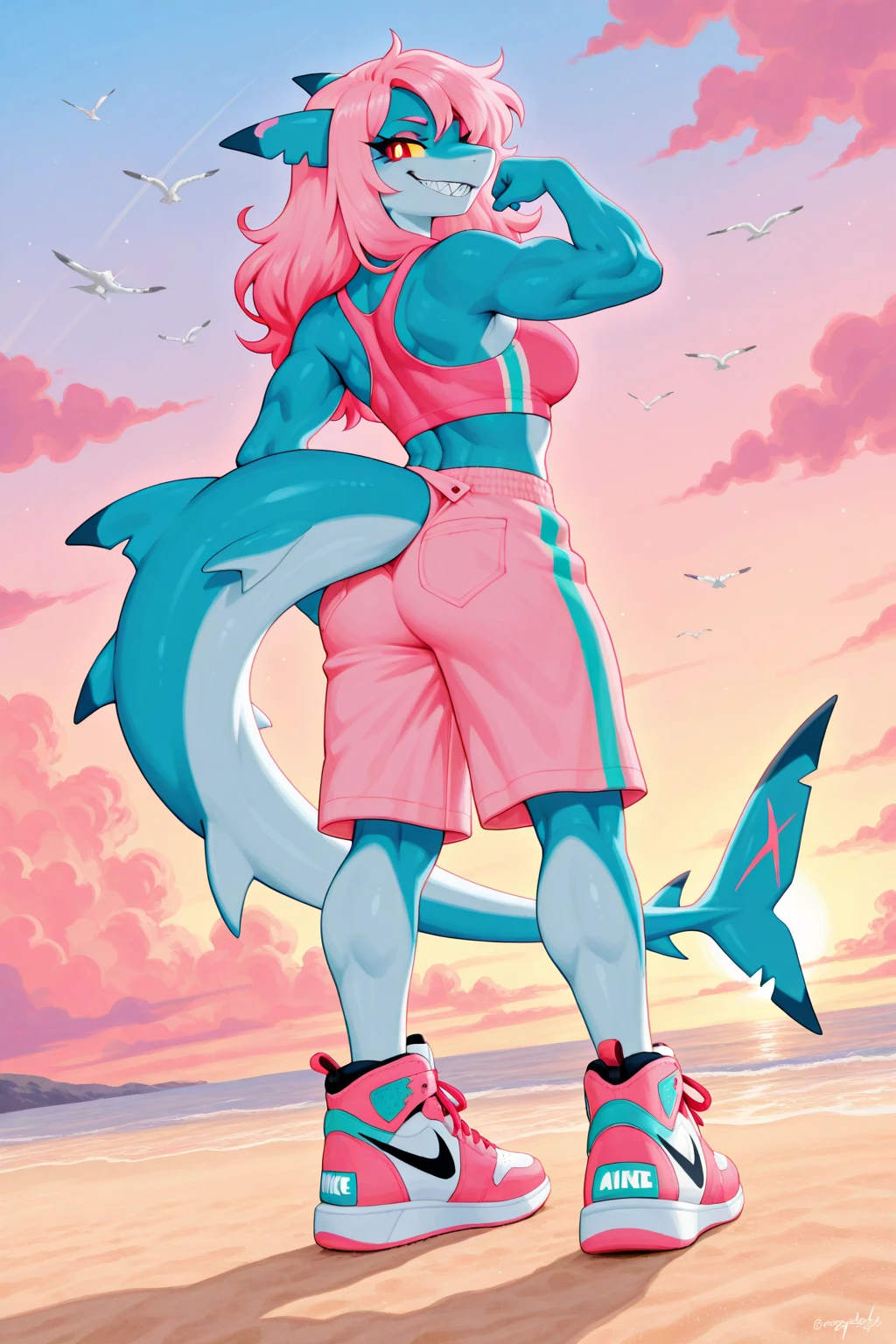 Make a woman, wearing no shirt, with the bra torn, running on the beach, with white hair, in the pink hair pieces, at the bottom she is wearing a mini leather cause like an open top 