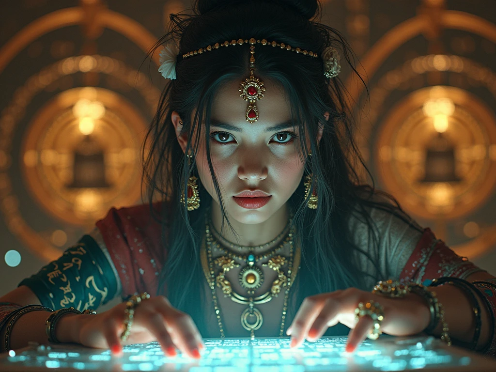 WomanTantric priestess with tattoos and percings and an ironman mask mixing music in a Hindu temple Ultra-realistic photo -- --auto