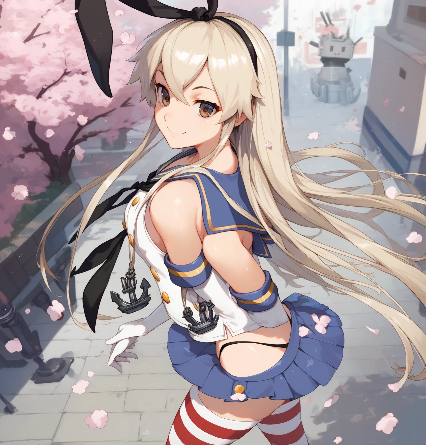 (masterpiece, best quality:1.2),illustration,8k,hd,1girl,solo,cowboy shot,long_hair,blonde_hair,elbow_gloves,underwear,striped_thighhighs,white_gloves,smile,navel,yellow eyes,highleg_panties,black_panties,anchor_hair_ornament,highleg,blush,school_uniform,crop_top,sailor_collar,hairband,hair_ornament,serafuku,miniskirt,pleated_skirt,blue_skirt,sleeveless,bare_shoulders,hair_between_eyes,grey_footwear,microskirt,midriff,neckerchief,collarbone,<lora:Shimakaze(kan)>,