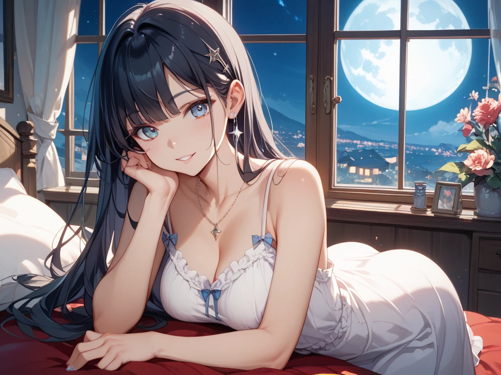 Best Quality,High resolution,8K,finelity detailed background,Masterpiece:1.2),beautiful girl,Shiny light blue hair,crossed bangs,Light blue eyes,Gentle look,A refreshing look,smile,Best quality,Best Quality,Aesthetic and aesthetic:1.2,Best details((Super detailed))(High-definition CG illustrations),Upper Body,Dark grey underwear, (gray,intricate lace),Slender body,night,moon,Bedroom,On the bed,smile,blush,cute,Scrounge,Looking up,Being spoiled,super model,wariza,shoot from,below
